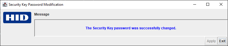 HID Security Key Password Modification message dialog box indicating that the Security Key password was successfully changed